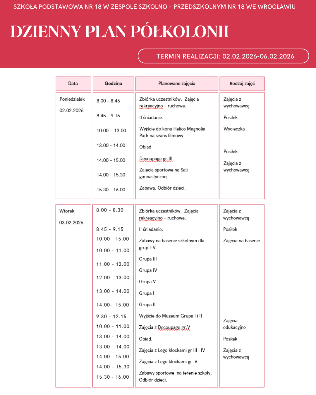 DZIENNY PLAN PÓŁKOLONII